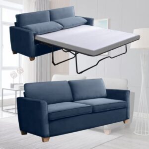 mjkone 2-in-1 pull out sofa bed, queen size velvet sleeper sofa bed with folding foam mattress, pull out couch bed for living room/apartment/small spaces(queen blue)