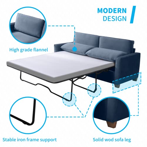 Mjkone 2-in-1 Pull Out Sofa Bed, Queen Size Velvet Sleeper Sofa Bed with Folding Foam Mattress, Pull Out Couch Bed for Living Room/Apartment/Small Spaces(Queen Blue)