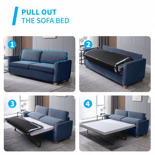 Mjkone 2-in-1 Pull Out Sofa Bed, Queen Size Velvet Sleeper Sofa Bed with Folding Foam Mattress, Pull Out Couch Bed for Living Room/Apartment/Small Spaces(Queen Blue)