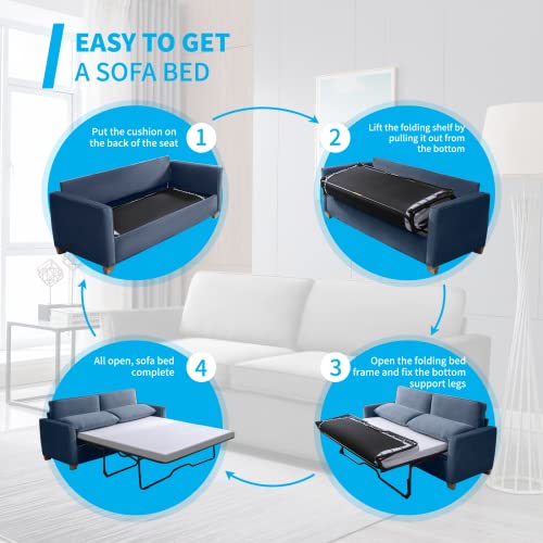 Mjkone 2-in-1 Pull Out Sofa Bed, Queen Size Velvet Sleeper Sofa Bed with Folding Foam Mattress, Pull Out Couch Bed for Living Room/Apartment/Small Spaces(Queen Blue)