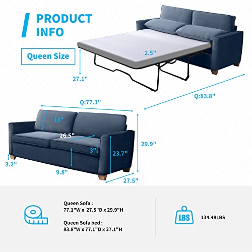 Mjkone 2-in-1 Pull Out Sofa Bed, Queen Size Velvet Sleeper Sofa Bed with Folding Foam Mattress, Pull Out Couch Bed for Living Room/Apartment/Small Spaces(Queen Blue)