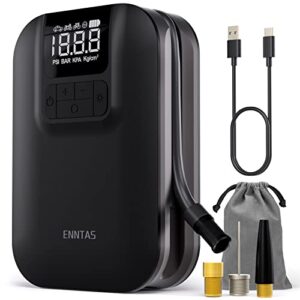 enntas tire inflator portable air compressor rechargeable, fast inflation & auto-off, led light and accurate pressure readings with digital gauge for cars, motorcycles, balls, all bikes