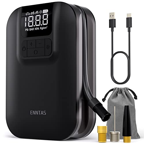 Enntas Tire Inflator Portable Air Compressor Rechargeable, Fast Inflation & Auto-Off, Led Light and Accurate Pressure Readings with Digital Gauge for Cars, Motorcycles, Balls, All Bikes