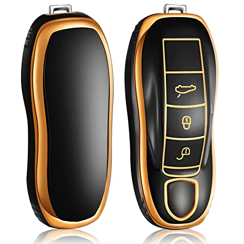 Toykee for Porsche Key Fob Cover Keychain Accessories for 911 Cayenne Panamera Macan 718 Boxster Cayman 3 Buttons, TPU Case(Black)