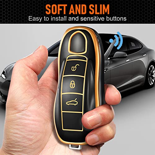 Toykee for Porsche Key Fob Cover Keychain Accessories for 911 Cayenne Panamera Macan 718 Boxster Cayman 3 Buttons, TPU Case(Black)