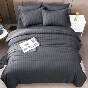 hymokege california king comforter set seersucker 7 pieces, all season luxury bed in a bag for bedroom, bedding set with comforters, sheets, pillowcases & shams, dark grey
