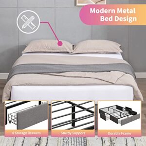 Mixoy Platform Bed Frame with 4 Large Storage Drawers, Cal King Bed Frame with Storage, Metal Slats Support, No Box Spring Needed, Easy Assembly (Cal King, Dark Grey)