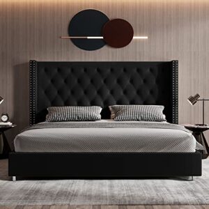 Jocisland King Bed Frame Upholstered Bed Wingback Headboard Velvet Tufted Diamond Button/No Box Spring Needed/Easy Assembly/Black