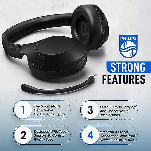 Philips Wireless Headphones Noise Cancelling, Stereo Over Ear Wireless Headphones with Removable Mic, Bluetooth Headset with Microphone, Lightweight and Touch Control, 55 Hours Playtime