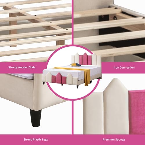 Mixoy Full Size Kids Bed Frames,Upholstered Full Platform Bed Frame for Children with Headboard,Toddler Bed for Girls, Teens,No Box Spring Needed, Easy Assembly(Pink/White,Full)