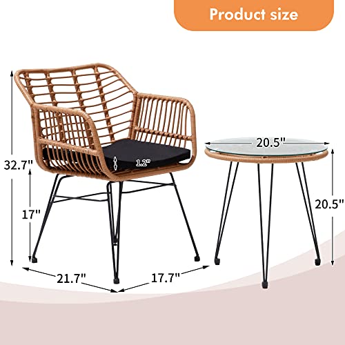 KROFEM 3 Piece Wicker Patio Bistro Furniture Set, Includes 2 Chairs and Glass Top Table, Ideal for Porch, Outdoor, Backyard, Apartment, Balcony Natural Color