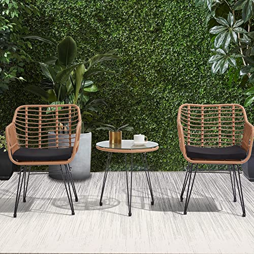 KROFEM 3 Piece Wicker Patio Bistro Furniture Set, Includes 2 Chairs and Glass Top Table, Ideal for Porch, Outdoor, Backyard, Apartment, Balcony Natural Color