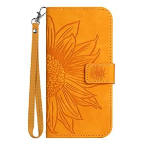 onv wallet case for oppo realme 7 pro - sunflower flip leather case with embossment card slot shockproof kickstand magnetic wrist cover for oppo realme 7 pro [ht] -yellow-