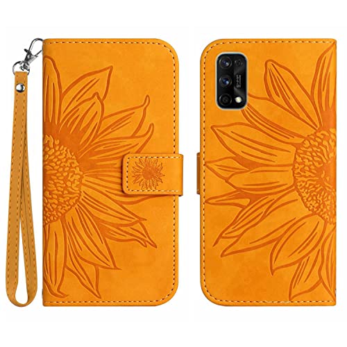 ONV Wallet Case for Oppo Realme 7 Pro - Sunflower Flip Leather Case with Embossment Card Slot Shockproof Kickstand Magnetic Wrist Cover for Oppo Realme 7 Pro [HT] -Yellow-