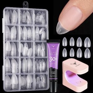 ejiubas gel nail kit - 300pcs pre-buff short almond gel nail tips, 15ml long-lasting solid gel with portable nail lamp, acrylic nail kit gel extension set for diy home manicure