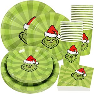 whaline 100pcs christmas tableware set green christmas character disposable dinnerware set 50pcs paper plates 25pcs napkin 25pcs cups for xmas theme party supplies table decorations