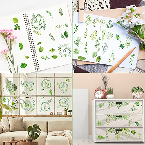 24 Sheets Rub on Transfers Flower Decor Stickers for Furniture Plant Scrapbook Stickers Vintage Waterproof Iron on Transfers Decals for DIY Crafts Wood Furniture Decor, 5.9 x 5.9 Inch (Green Leaves)