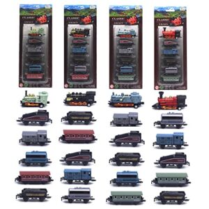 corper toys mini train toy set, 4 packs (24 pieces) pull back model train playset for 3 4 5 6 year old boys girls, diecast steam train with linkable cars for birthday gifts