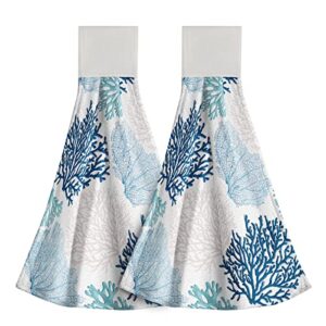 blue coral kitchen hand towel - beach nautical coastal teal sea towel set of 2 ultra soft absorbent tie towel tea bar towels for bathroom kitchen laundry room 12 x 17 inches