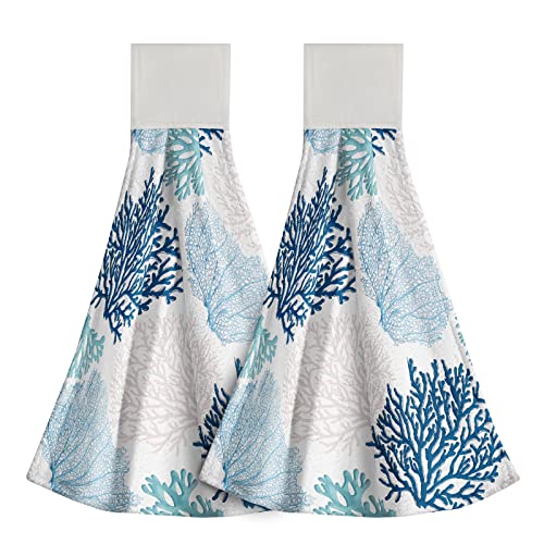 Blue Coral Kitchen Hand Towel - Beach Nautical Coastal Teal Sea Towel Set of 2 Ultra Soft Absorbent Tie Towel Tea Bar Towels for Bathroom Kitchen Laundry Room 12 x 17 Inches