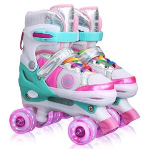 kids adjustable roller skates for girls boys beginner, 4 size adjustable roller skates with light up wheels and colorful shoelaces (colorful pink, medium(2-5))