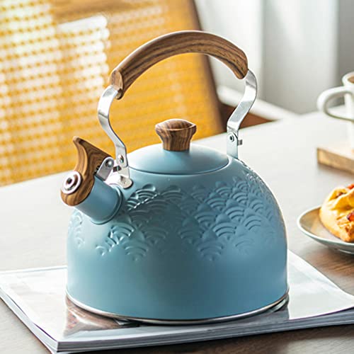 STOBAZA 2.5 Liter Whistling Tea Kettle Whistling Teapot Stainless Steel Tea Pots for Stove Top Whistling Boiling Kettle with Wood Pattern Handle for Tea, Coffee, Milk Tea Pot - Blue