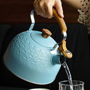 STOBAZA 2.5 Liter Whistling Tea Kettle Whistling Teapot Stainless Steel Tea Pots for Stove Top Whistling Boiling Kettle with Wood Pattern Handle for Tea, Coffee, Milk Tea Pot - Blue