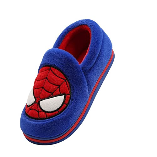 Toddler Little Kids Warm Plush Slippers with Spider Boys House Indoor Shoes Blue, 1.5 Big Kid