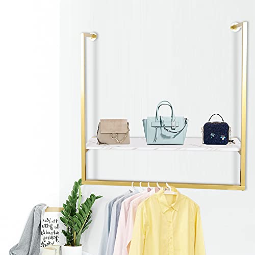 DYRABREST Wall Mounted Metal Display Rack with Shelf, 39" Long U-Shaped Shelf Industrial Pipe Clothes Bar, Window Hanging Garment Racks for Laundry Room Organizer (Gold)