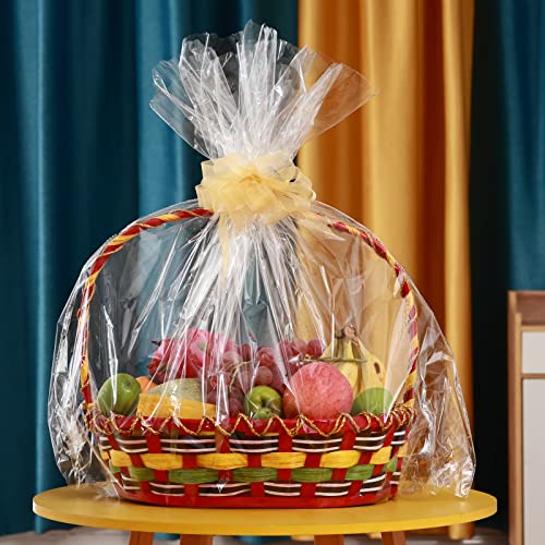 50 Packs Large Clear Cellophane Basket Bags 24" x 30" Cellophane Basket Gift Bags Heavy-duty Plastic Wrapping Paper for Gifts, Arts, Crafts, Treats, Chiffon Ribbon Included