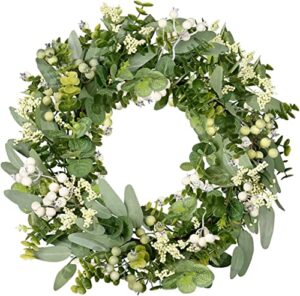 green eucalyptus leaf wreath, vlorart 18 inch artificial spring summer greenery wreaths for front door decor boxwood with big berries for farmhouse outside year round - indoor/outdoor