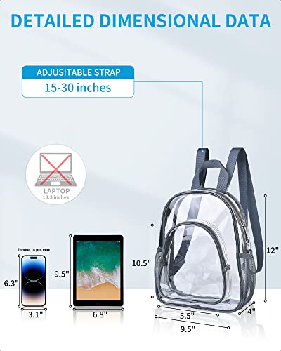 Lyingflat Clear Backpack Stadium Approved, Small Clear Backpack with Reinforced Shoulder Straps, Clear Bag Stadium Approved for Concert Sport Event Festival Work Travel -Grey