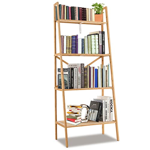 Tangkula 4 Tier Bamboo Ladder Bookshelf, Freestanding Plant Display Stand w/Anti-Tipping Device, Multifunctional Storage Shelves Rack for Home Office Living Room Bedroom Study Hallway (Natural)