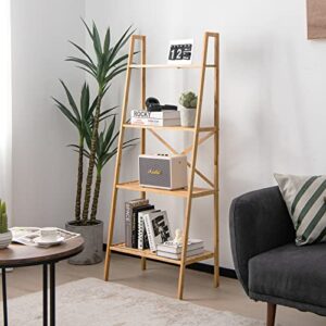 tangkula 4 tier bamboo ladder bookshelf, freestanding plant display stand w/anti-tipping device, multifunctional storage shelves rack for home office living room bedroom study hallway (natural)