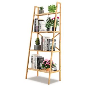 Tangkula 4 Tier Bamboo Ladder Bookshelf, Freestanding Plant Display Stand w/Anti-Tipping Device, Multifunctional Storage Shelves Rack for Home Office Living Room Bedroom Study Hallway (Natural)
