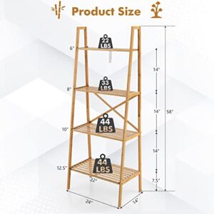 Tangkula 4 Tier Bamboo Ladder Bookshelf, Freestanding Plant Display Stand w/Anti-Tipping Device, Multifunctional Storage Shelves Rack for Home Office Living Room Bedroom Study Hallway (Natural)