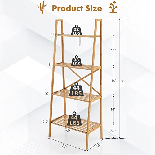 Tangkula 4 Tier Bamboo Ladder Bookshelf, Freestanding Plant Display Stand w/Anti-Tipping Device, Multifunctional Storage Shelves Rack for Home Office Living Room Bedroom Study Hallway (Natural)