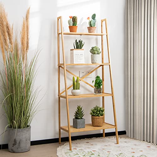 Tangkula 4 Tier Bamboo Ladder Bookshelf, Freestanding Plant Display Stand w/Anti-Tipping Device, Multifunctional Storage Shelves Rack for Home Office Living Room Bedroom Study Hallway (Natural)