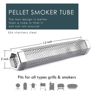 12'' Smoke Tube for Pellet Smoker, Premium Stainless Steel Pellet Smoker Tube Grill Accessories for All Grill or Smoker, Hot or Cold Smoking Generator for Electric Gas Charcoal Grilling