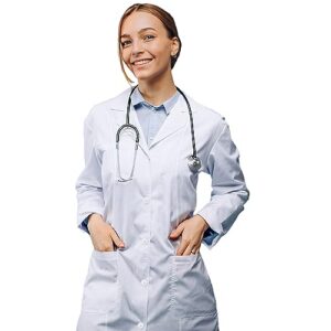 heedfit premium quality white lab coats for women, a full white poly-cotton 35” long reusable women's lab coat white m