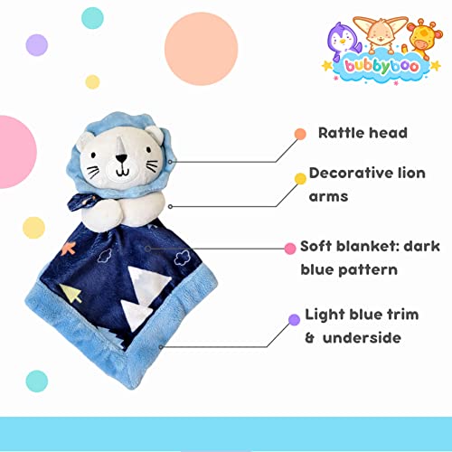 bubby boo Baby Stuffed Animal Security Blanket - Blue Lion with Rattle Head -Soft Snuggle Toy - Baby Gift - Soothing Plush Toy - Baby Lovey - Perfect Baby Gift for All Babies