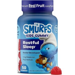 the smurfs 1mg melatonin gummies for kids with chamomile & lemon balm for a restful sleep age 3+ | non-habit forming | made with real fruit in a smurf berry | doctor developed | 50 vegetarian gummy
