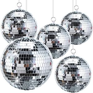 5 Pieces Disco Ball Mirror Ball Disco Party Decorations with Hanging Ring for DJ Club Stage Wedding Holiday (Silver,8 Inch, 4 Inch)