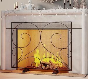 fire beauty single panel fireplace screen handcrafted solid wrought iron mesh, heat-resistant fire spark guard for fireplace-black