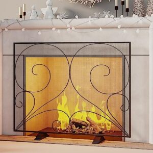 Fire Beauty Single Panel Fireplace Screen Handcrafted Solid Wrought Iron Mesh, Heat-Resistant Fire Spark Guard for Fireplace-Black