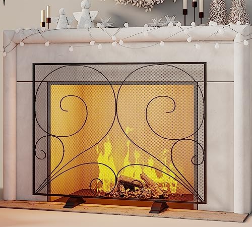 Fire Beauty Single Panel Fireplace Screen Handcrafted Solid Wrought Iron Mesh, Heat-Resistant Fire Spark Guard for Fireplace-Black