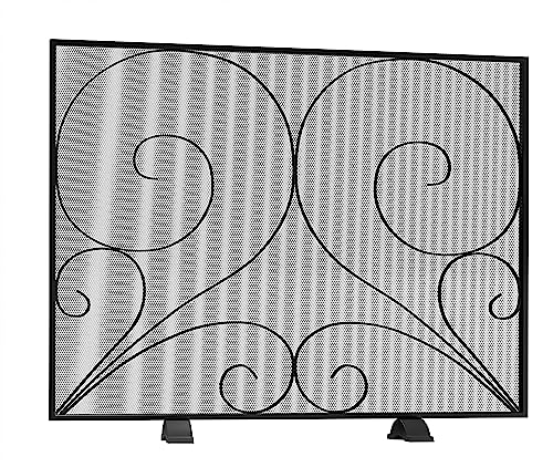 Fire Beauty Single Panel Fireplace Screen Handcrafted Solid Wrought Iron Mesh, Heat-Resistant Fire Spark Guard for Fireplace-Black