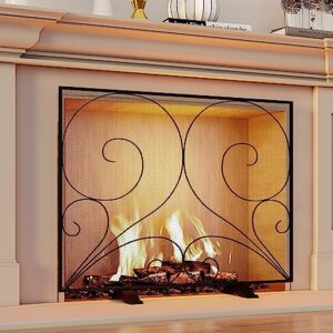 Fire Beauty Single Panel Fireplace Screen Handcrafted Solid Wrought Iron Mesh, Heat-Resistant Fire Spark Guard for Fireplace-Black