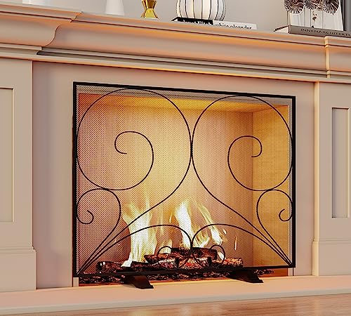 Fire Beauty Single Panel Fireplace Screen Handcrafted Solid Wrought Iron Mesh, Heat-Resistant Fire Spark Guard for Fireplace-Black