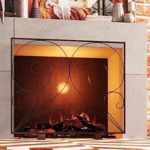 Fire Beauty Single Panel Fireplace Screen Handcrafted Solid Wrought Iron Mesh, Heat-Resistant Fire Spark Guard for Fireplace-Black